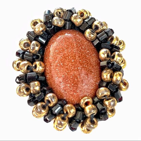 Vintage polished goldstone earrings with gold black glass beaded bezel … - Picture 3 of 7